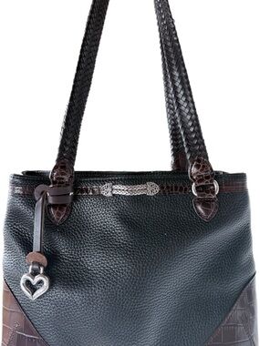 Brighton Leather Tote Handbag in Black and Brown with Heart Charm